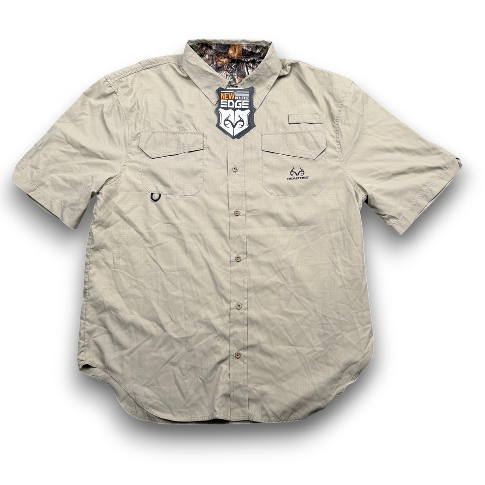 Realtree Woven Fishing Shirt Mens M Taupe‎ Camo Accents Ripstop Short Sleeve